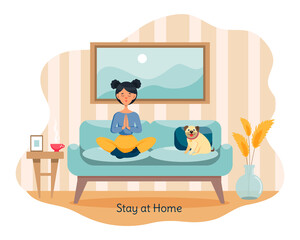 The girl is sitting at home on the couch in the lotus position and doing yoga. Stay at home and save lives. Sports, training, exercises. Vector social illustration during a pandemic