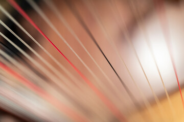 Strings of a harp with shallow depth of field