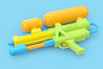 Plastic water gun toy for playing in the swimming pool isolated on blue