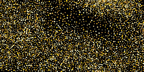 Golden point confetti on a black background. Illustration of a drop of shiny particles. Decorative element. Element of design. Vector illustration, EPS 10.