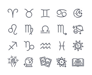 Set of Astrological Icons. Minimalistic stickers with various zodiac signs, tarot cards and magical attributes. Predicting future by stars. Cartoon flat vector collection isolated on white background