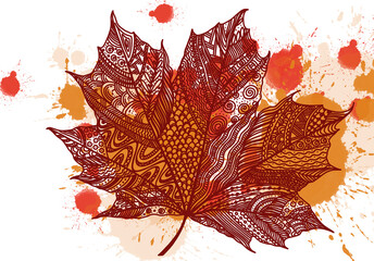 maple leaf sketch with black lines drawing, watercolor drops , colorful leaf on a white background, red and white, red, orange