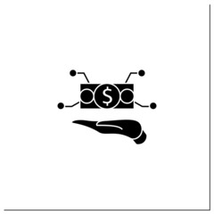 Physical asset management glyph icon. Hand keeps cash. Managing physical and infrastructure assets. Business concept. Filled flat sign. Isolated silhouette vector illustration