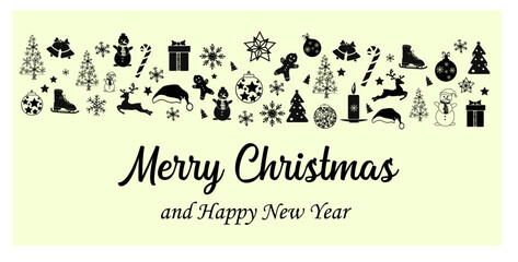 Merry Christmas and New Year banner with hanging decorations. Vector. 
Christmas items: gifts, reindeers, Christmas trees, snowmen.