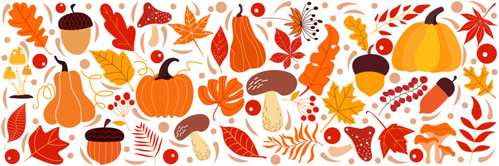 Colorful vector hand drawn Doodle cartoon set of objects and symbols on the Thanksgiving autumn theme