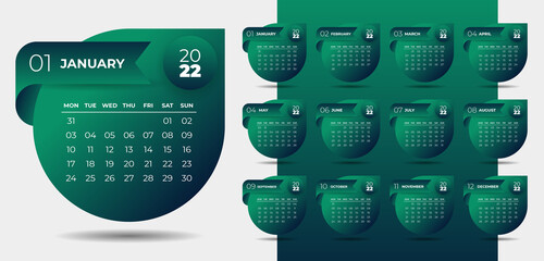 2022 calendar planner design template vector week start Monday.