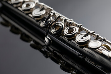 A silver plated flute with keys on a dark reflective surface