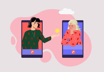 Girl comforts her sad friend over phone concept. Woman supports and calms loved one at distance. Help in solving psychological problems and improving emotional state. Cartoon flat vector illustration