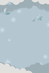 Night sky background. Moon. Clouds. Snowflakes. Vector illustration