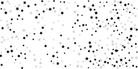 Silver star confetti. Falling stars on a white background. Illustration of flying shining stars. Decorative element. Suitable for your design, postcards, invitations, gift, vip.
