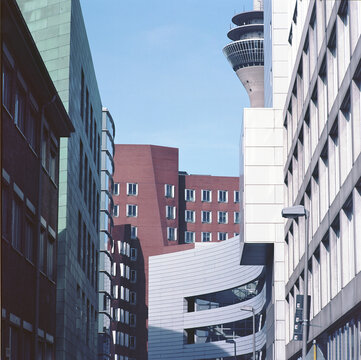 DUSSELDORF, GERMANY - Feb 01, 2021: Frank Gehry Building On The Boardwalk In Dusseldorf, Germany