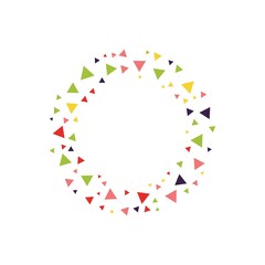 Colorful geometric triangles frame - wreath. Abstract vector background with colorful triangle shapes consisting of spherical geometric particles. Triangles dot frames colorful dot halftone.