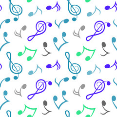 Violin key and musical notes sign colorful symbol seamless pattern on white background. Vector illustration.