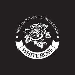 emblem of white rose bud for flower shop isolated on black background