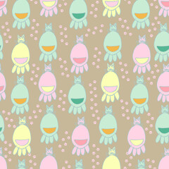 baby painted cats and footprints vector seamless pattern. Background in pastel colors for the nursery, baby products and fabrics
