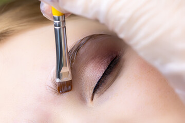 close-up of the procedure for long-term eyebrow styling, the master performs eyebrow lamination