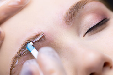 laying out the eyebrow hairs after the eyebrow lamination procedure, the master combs the eyebrows...