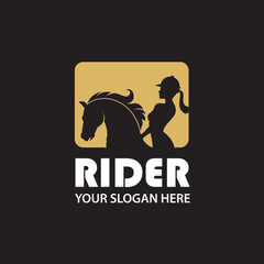 monochrome icon of horse head and woman isolated on black background