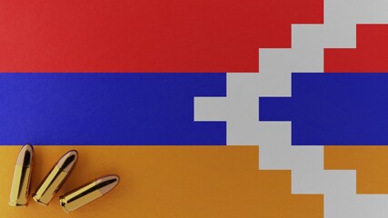 Three 9mm bullets in the bottom left corner on top of the national flag of Nagorno-Karabakh