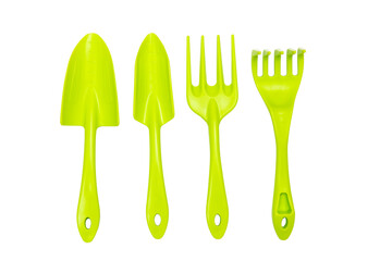 Gardening tools set in green color isolated on white background