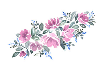 composition of flowers and petals in pastel colors in watercolor