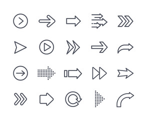 Set of arrows icons. Collection of buttons for websites. Go to next page, minimalism, monochrome pictures. Cursor, direction, pointer. Cartoon flat vector illustration isolated on white background