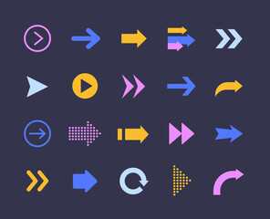 Set of colorful arrow icons. Collection of cursors, buttons or pointers. Bright pictures for page decoration, minimalistic image. Cartoon flat vector illustration isolated on dark background