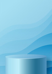 Round podium stage with nice and creative symbols  blue and gold paper cut style on color background for cosmetics brand design and advertising  