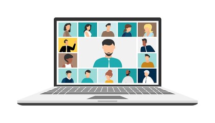 people connecting together, learning or meeting online with teleconference. Video conference remote working on laptop computer. Work from home and work from anywhere concept, flat vector illustration