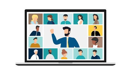 people connecting together, learning or meeting online with teleconference. Video conference remote working on laptop computer. Work from home and work from anywhere concept, flat vector illustration