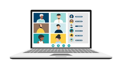 people connecting together, learning or meeting online with teleconference. Video conference remote working on laptop computer. Work from home and work from anywhere concept, flat vector illustration