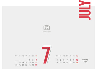 Calendar 2022 7th month July modern black light line condensed red typography landsape desk wall calendar starts monday creative idea design