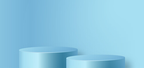 Round podium stage with nice and creative symbols  blue and gold paper cut style on color background for cosmetics brand design and advertising  