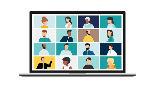 people connecting together, learning or meeting online with teleconference. Video conference remote working on laptop computer. Work from home and work from anywhere concept, flat vector illustration