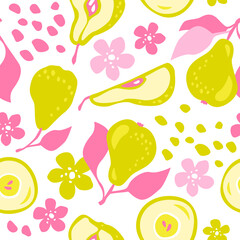 Pear background. Hand drawn vector pattern of decorative pears. Pattern with fruits. For fabric, textile, and wallpaper design.