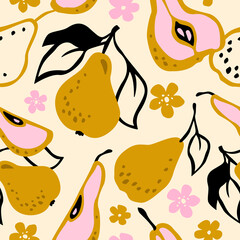 Pear background. Hand drawn vector pattern of decorative pears. Pattern with fruits. For fabric, textile, and wallpaper design.