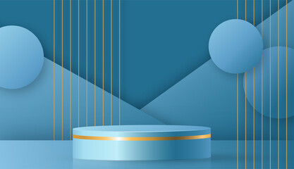 Round podium stage with nice and creative symbols  blue and gold paper cut style on color background for cosmetics brand design and advertising  