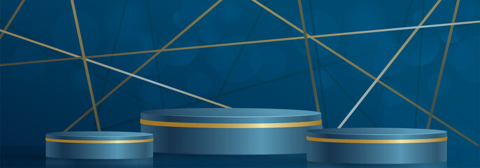 Round podium stage with nice and creative symbols  blue and gold paper cut style on color background for cosmetics brand design and advertising  