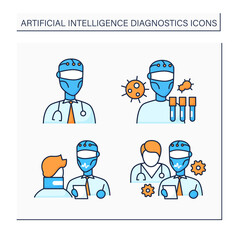 AI diagnostic color icons set. Modern technologies in medical sphere. Digital technologies concept. Isolated vector illustrations