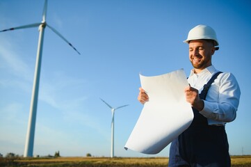 Wind turbines generating electricity. energy conservation concept.