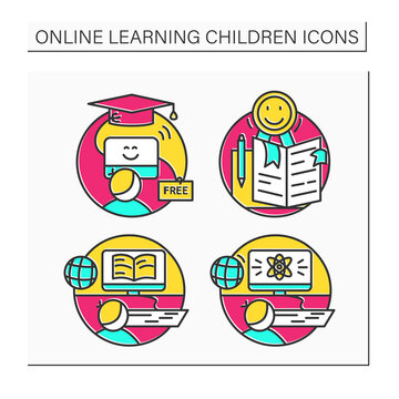 Online education color icons set. E-learning concept. Free online education, quality, science lesson, learning. Isolated vector illustrations