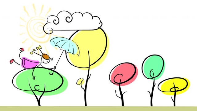 A girl flies with an umbrella against the background of autumn trees and the sky with a cloud and sun. Looped flat animation with drawn characters.