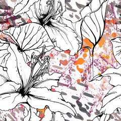 Fototapeta premium Floral Black White Pattern. Modern Watercolor