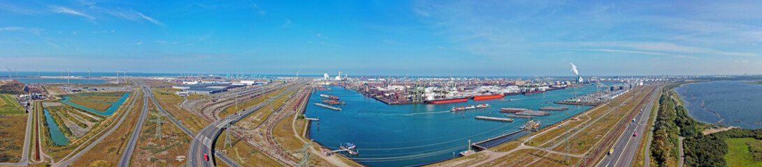 Fototapeta na wymiar Aerial panorama from industry in the harbor from Rotterdam in the Netherlands