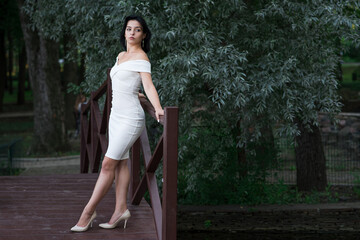 Beautiful, attractive and elegant Caucasian brunette girl posing while standing on the bridge in the park. Fashion concept.