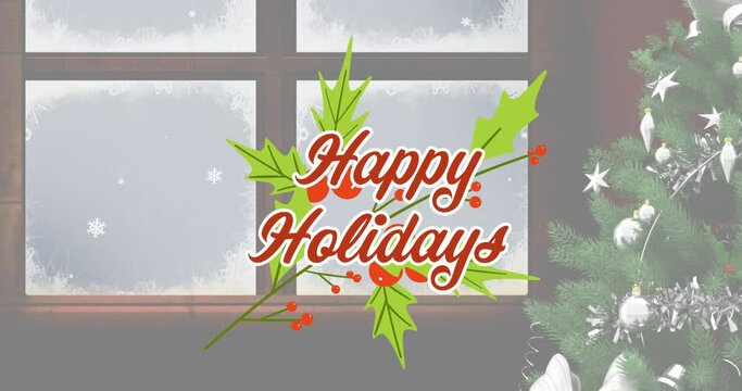 Animation of happy holidays text over christmas tree