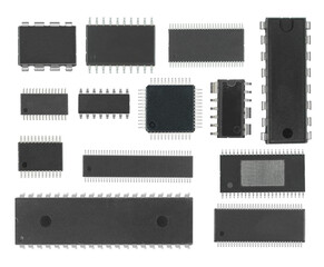 microcircuits, radio components, electronic components, components for electronics, on a white background, collage