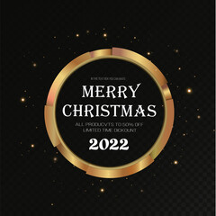 Luxury round luminous christmas gold banner. Gold circle frame with shining small dust particles PNG. Christmas logo for marketing.