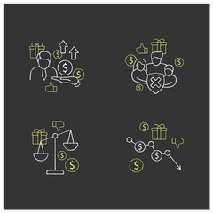 Universal basic income chalk icons set. Inequality, runaway inflation, social security, new investors. Global economy concept. Isolated vector illustrations on chalkboard