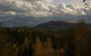 View of colorful autumn on Carpathian mountains forest with cloudy sky in Ukraine